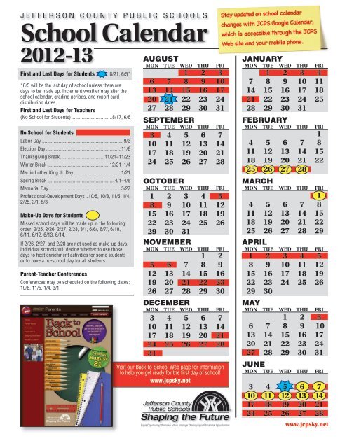 School Calendar Jefferson County Public Schools