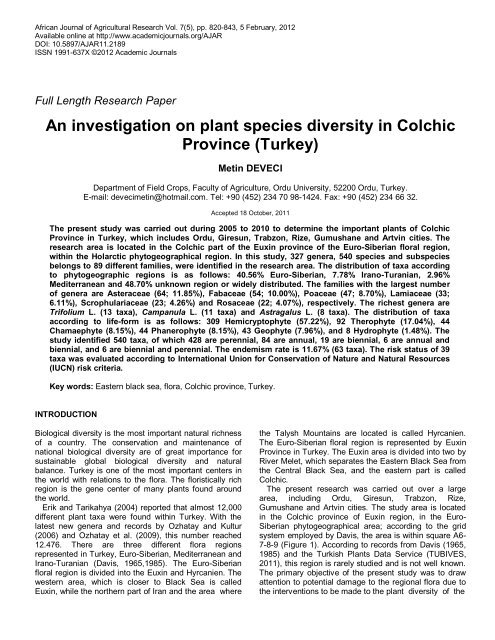 An investigation on plant species diversity in Colchic Province (Turkey)