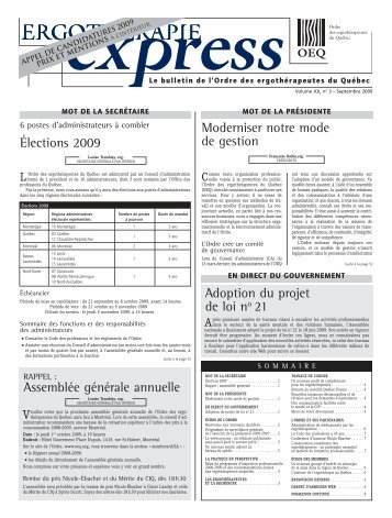 NumÃ©ro de septembre 2009 - Ordre des ergothÃ©rapeutes du QuÃ©bec