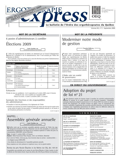 NumÃ©ro de septembre 2009 - Ordre des ergothÃ©rapeutes du QuÃ©bec