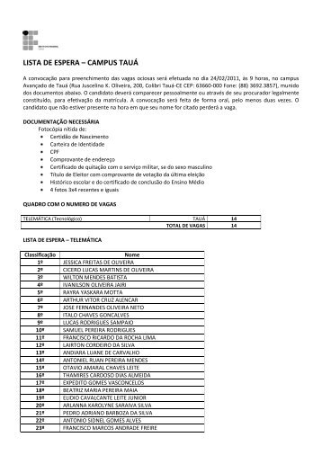 LISTA DE ESPERA â CAMPUS TAUÃ - IFCE