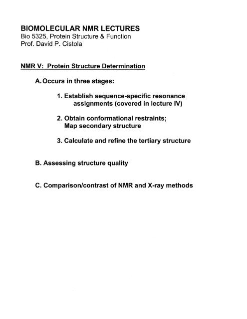 BIOMOLECULAR NMR LECTURES Bio 5325, Protein Structure ...