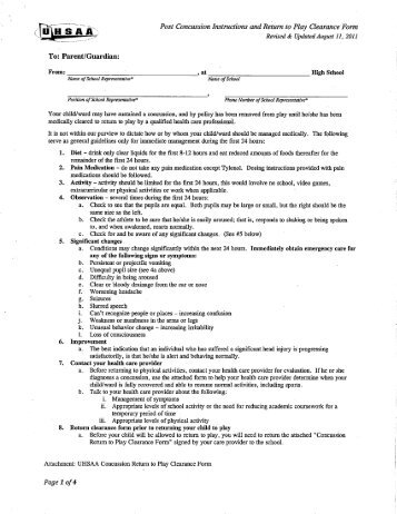 Post Concussion Instructions and Return to Play Clearance Form