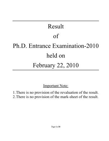 Result of Ph.d. Entrance Examination-2010 held on February 22, 2010