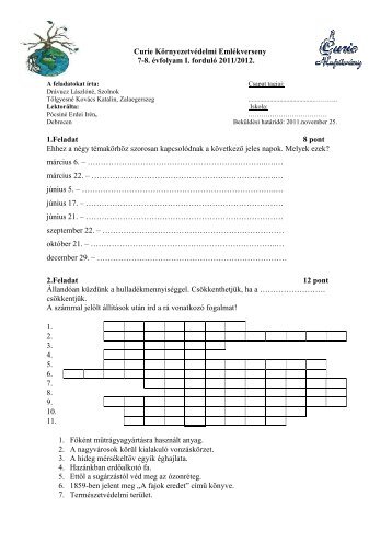 Curie KÃ¶rnyezetvÃ©delmi EmlÃ©kverseny 7-8. Ã©vfolyam I. fordulÃ³ 2011 ...