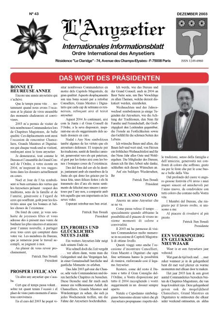 DAS WORT DES PRÃSIDENTEN - Ordre International des Anysetiers