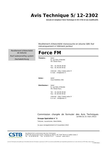 Avis Technique 5/12-2302 Force FM - Axter