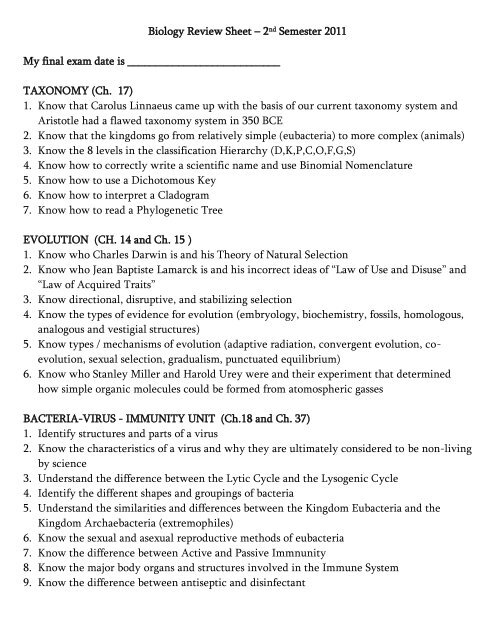 Biology Review Sheet – 2nd Semester 2011 My final exam date is ...