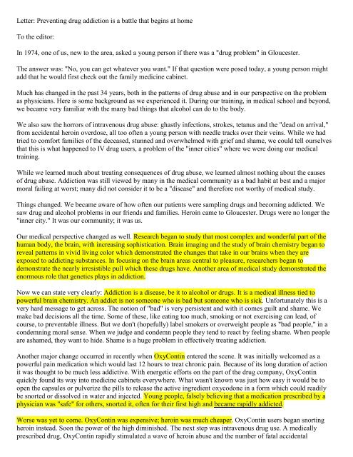 Letter Preventing Drug Addiction Is A Battle That Begins At Home To