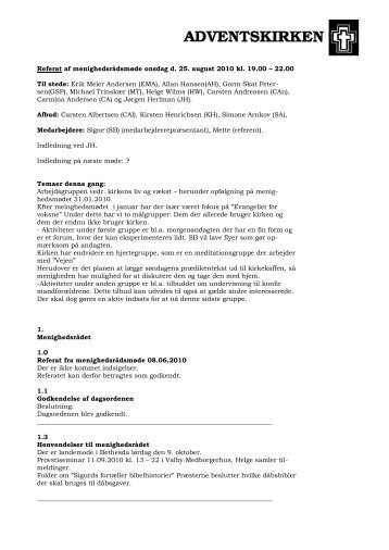 Referat af menighedsrådsmøde onsdag d. 25. august ... - KirkeWeb