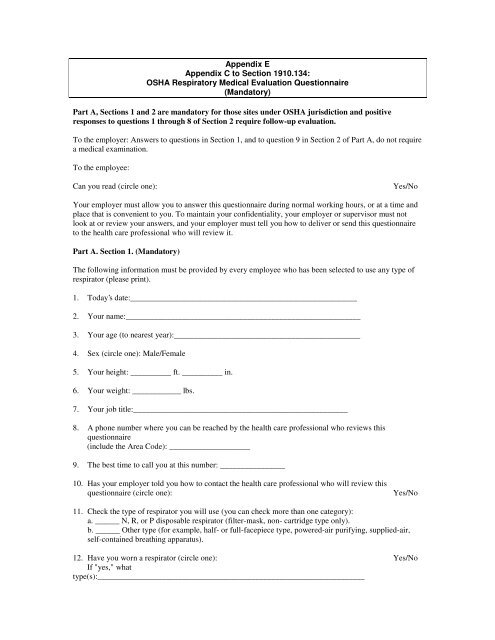OSHA Respirator Exam Questionnaire