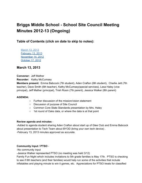 Briggs Middle School School Site Council Meeting Minutes 201213 ...
