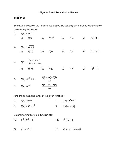 Algebra 2 and Pre Calculus Review Section 1: Sketch the graphs: 1 ...