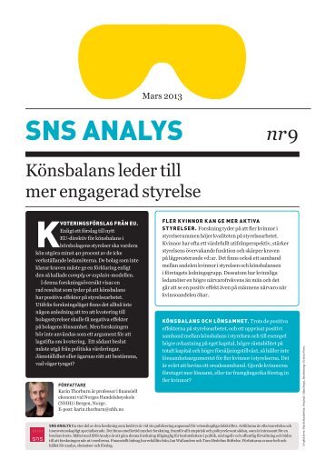 SNS Analys nr 9. KÃ¶nsbalans leder till mer engagerad styrelse ...