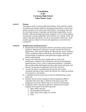 Constitution of the Corsicana High School Calico Dance Team