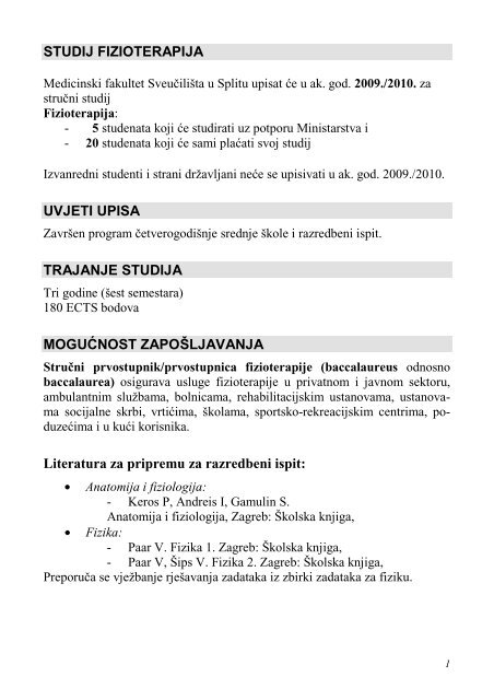 STUDIJ FIZIOTERAPIJA - Medicinski fakultet, Split