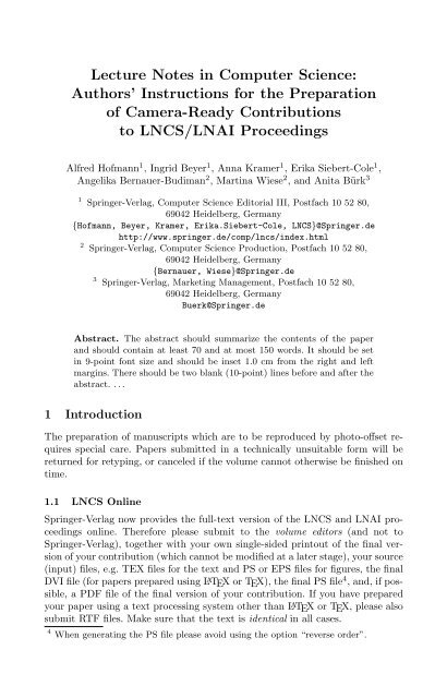 LNCS/LNAI Authors' Instructions