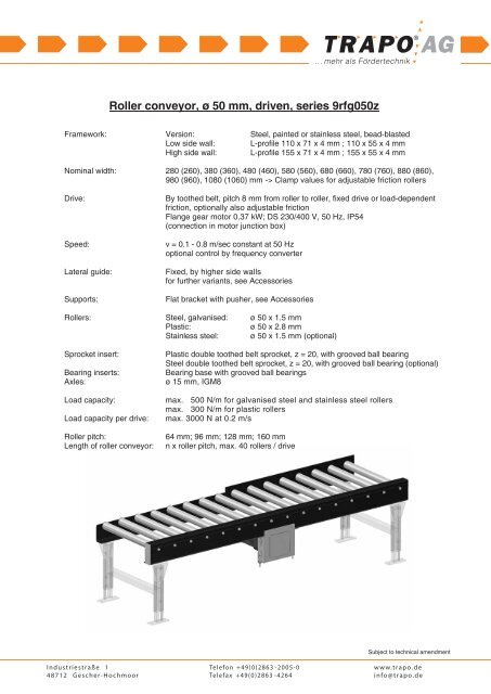 Roller conveyor, ÃƒÂƒÃ‚Â¸ 50 mm, driven, series 9rfg050z