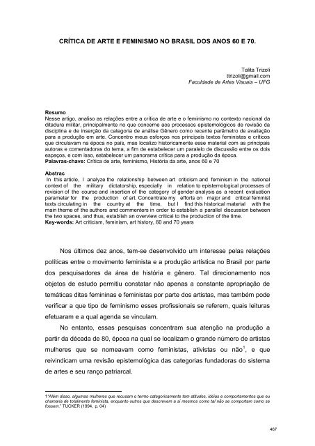 CRÍTICA DE ARTE E FEMINISMO NO BRASIL DOS ... - Início - UFG