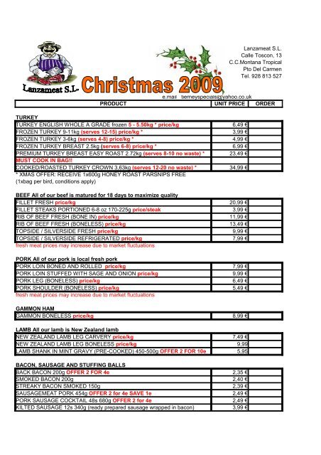 LANZAMEAT Xmas Price List 2009.pdf - Lanzarote Information