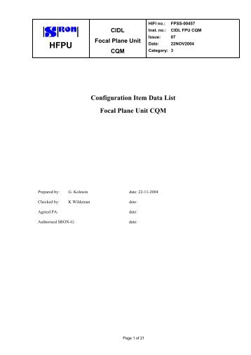 Configuration Item Data List Focal Plane Unit CQM - SRON