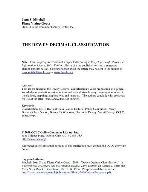 THE DEWEY DECIMAL CLASSIFICATION - OCLC