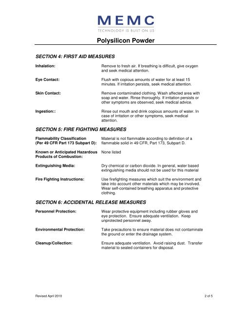 Polysilicon Powder - MEMC Electronic Materials, Inc.