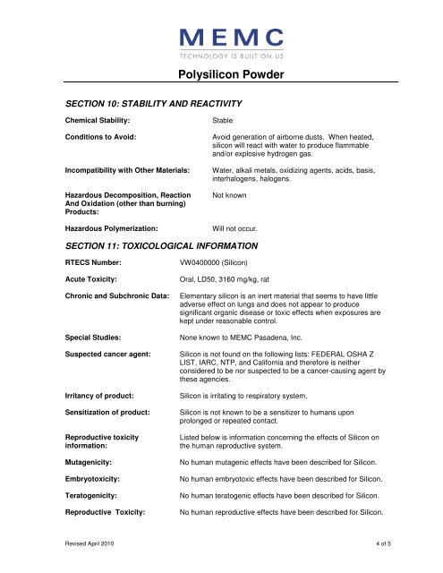 Polysilicon Powder - MEMC Electronic Materials, Inc.