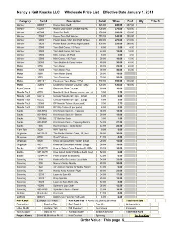 Nancy's Knit Knacks LLC Wholesale Price List Effective Date ...