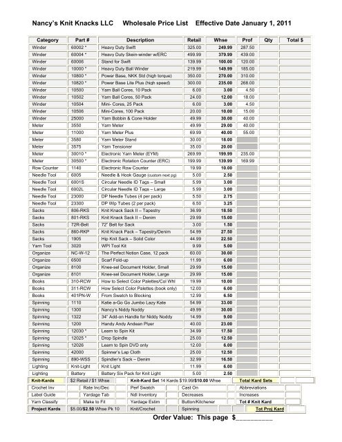 Nancy's Knit Knacks LLC Wholesale Price List Effective Date ...