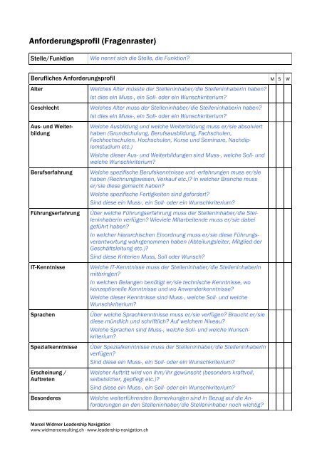 Anforderungsprofil (Fragenraster) Widmer Consulting GmbH