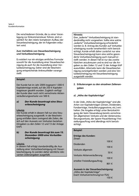 Kundeninformation Steuerbescheinigungen