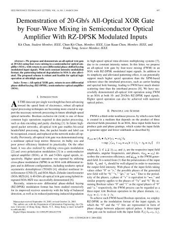 Demonstration of 20-Gb/s All-Optical XOR Gate by Four-Wave ...