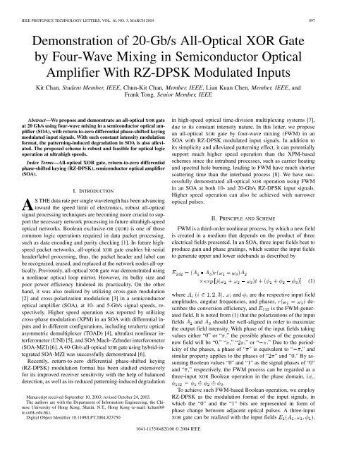 Demonstration of 20-Gb/s All-Optical XOR Gate by Four-Wave ...