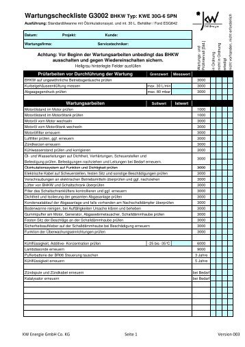 Wartungscheckliste G3002 BHKW Typ: KWE 30G-6 SPN - KW Energie