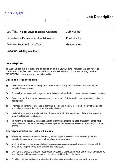 Higher Level Teaching Assistant Job Description - Whitley Academy