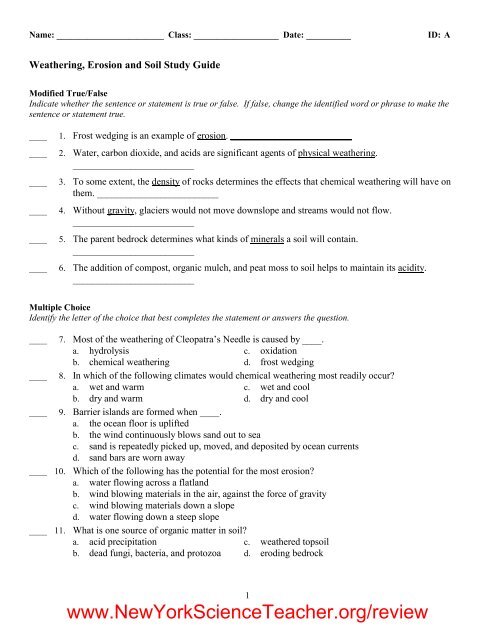 Weathering Erosion And Soil Study Guide Earth Science Regents