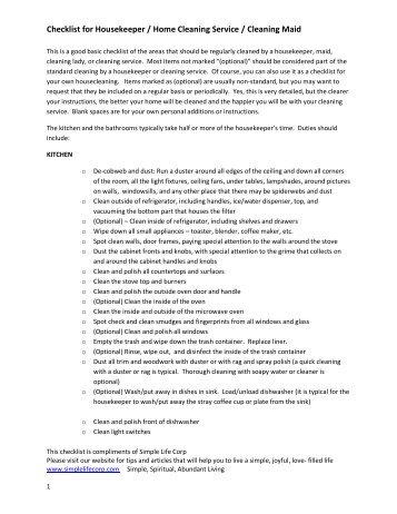 cleaning list for housekeeper