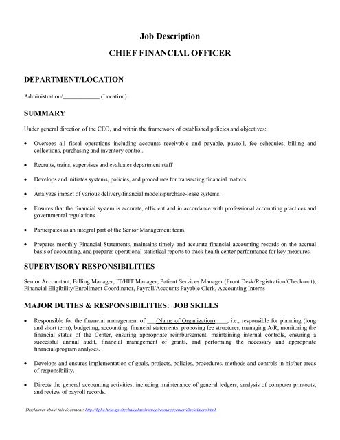 Chief Financial Officer Job Description - HRSA