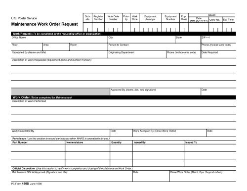 PS Form 4805, Maintenance Work Order Request - NALC Branch 78