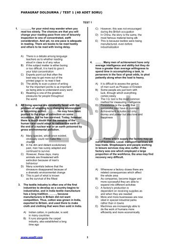 PARAGRAF DOLDURMA / TEST 1 (40 ADET SORU) - Yesdil Dil Okulu