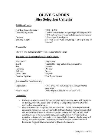 OLIVE GARDEN Site Selection Criteria - Darden Restaurants