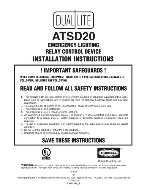 ATSD20 Auxillary Transfer Switch Installation Instructions - Dual-Lite