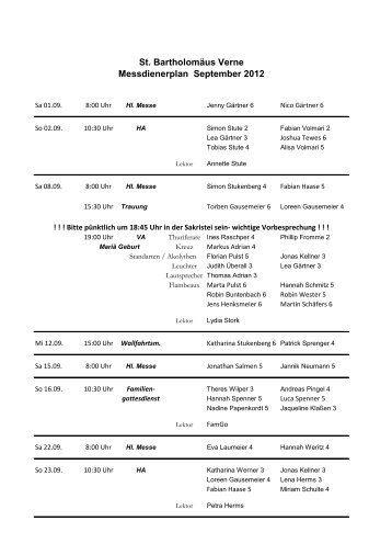 St. Bartholomäus Verne Messdienerplan September 2012