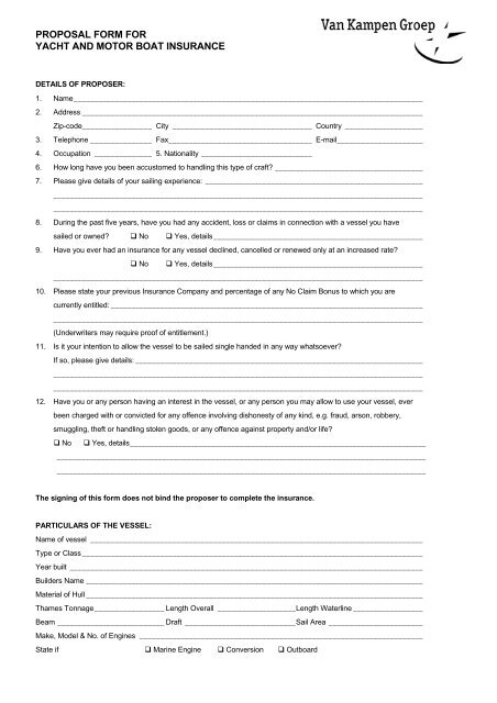 Proposal Form For Yacht And Motor Boat Insurance Vkg