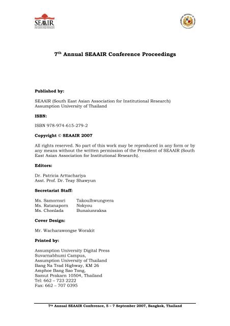 7th Annual SEAAIR Conference Proceedings