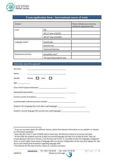 Exam application form : International course of study