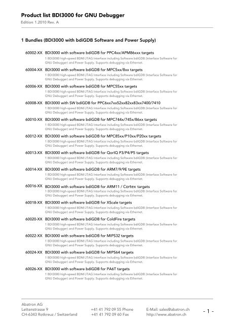 Product list BDI3000 for GNU Debugger - Abatron AG