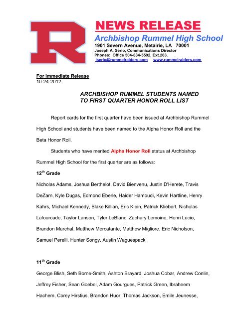 First Quarter Honor Roll - Archbishop Rummel High School