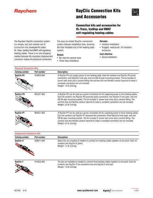 RayClic Connection System Datasheet - Pentair Thermal Controls